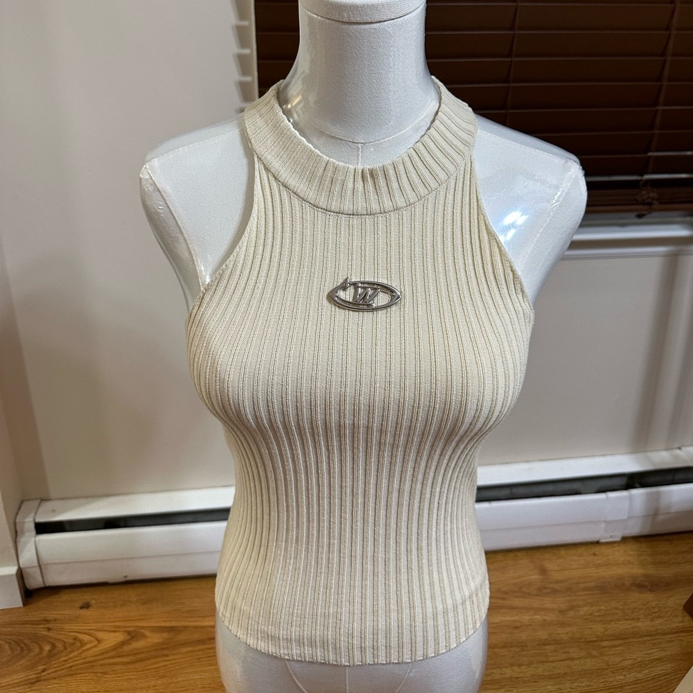 Cream Ribbed Sleeveless Top with Logo